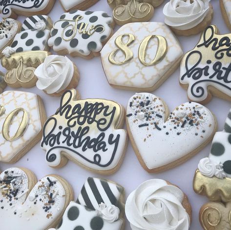 Love, Katye Cookie Shop on Instagram: “Y’all know I LOVE a good milestone. And black and white! I’m swooning over these cookies!! #birthdaycookies #80thbirthday…” 80 Birthday Cookies Decorated, 80 Birthday Cookies, 80th Birthday Cookies Decorated, 70th Birthday Cookies, 80th Birthday Cookies, Gold Cookies, 80 Birthday, Anniversary Cookies, Cookie Shop