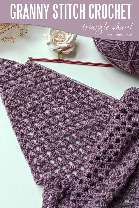 Can you crochet a triangle shawl using a granny stitch? As a matter of fact, there is a plethora of free crochet patterns for a granny triangle shawl or wrap. We'd like to share our free pattern for a triangle wrap using a classic granny stitch. Most importantly, its simplicity makes it a popular stitch for beginners. The term granny stitch or granny cluster refers to three double crochet stitches worked into the same space. In like manner, you can crochet granny stitch as flat rows. Granny Square Crochet Shawl Pattern, Crochet Granny Triangle Shawl, Granny Square Rows Patterns, Granny Crochet Shawl, Crochet Triangle Shawl Pattern Free Granny Squares, Crocheted Triangle Scarf, Triangle Granny Crochet, Free Triangle Scarf Crochet Pattern, Shawl Crochet Pattern Triangle