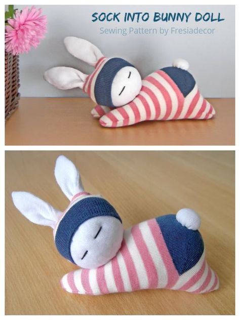 DIY Sock Bunny Doll Free Sewing Pattern + Video | Fabric Art DIY #knittedtoys #handmadetoys #knittedtoysfreepatternsbunnies #knittedtoysfreepatternseasycute Sock Bunny Pattern Free, Stuffed Sock Animals, Stuffed Bunny Sewing Pattern Free Printable, Sock Bunny Diy How To Make, Easter Bunny Sewing Pattern Free, Easy Sock Animals, Fabric Dolls Patterns Free, Bunny Doll Pattern Free, Sock Dolls Diy Easy