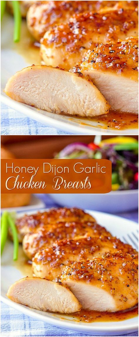 Honey Dijon Garlic Chicken Breasts, a super easy, quick & delicious chicken dinner! A super tasty weekday meal the entire family will love. Sausage Meals, Garlic Chicken Breast Recipes, Honey Dijon Chicken, Cheddar Sauce, Quick Delicious Dinner, Delicious Chicken Dinners, Homemade Honey Mustard, Kfc Chicken, Meal Prep Plans