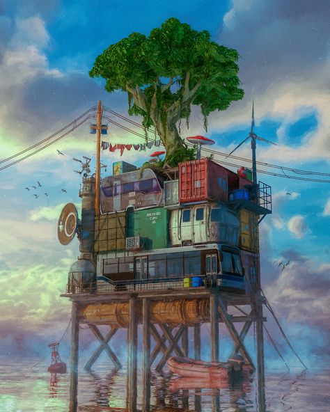 ArtStation - OCEAN FRONT, beeple . Sea House, Areas Verdes, House By The Sea, Image Painting, 판타지 아트, Artist Websites, Fantasy Landscape, New Pictures, Art World