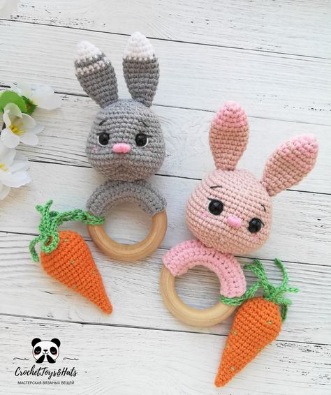 Amigurumi Baba, Bunny Rattle, Crochet Nursery Decor, Crochet Nursery, Crochet Rabbit, Haken Baby, Teething Ring, Toy Pattern, Crochet Animal Patterns