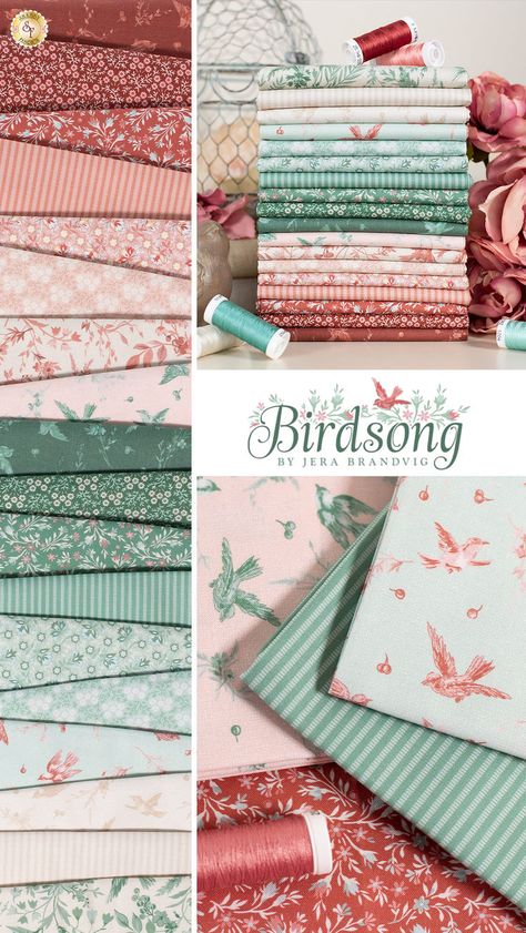 The Birdsong fabric collection by Jera Brandvig for Maywood Studio is a classic and elegant ensemble of vintage-inspired designs that will transport you to a world of timeless beauty. With a color palette that includes shades of green, pink, cream, mint, and red, this collection radiates a sense of nostalgia and sophistication. Fabric Color Palette, Puff Quilt, Fabric Outlet, Wedding Quilt, Quilt Fabric Collections, Maywood Studios, Boho Fabric, Shabby Fabrics, Fabric Inspiration