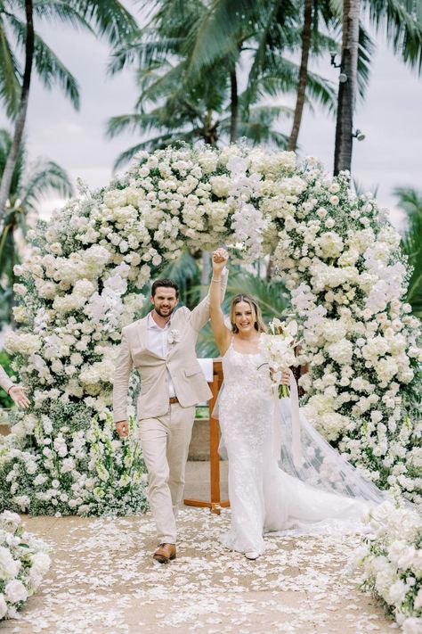 Looking for all-white summer floral ideaS? This lush white floral arch is the perfect statement design choice for a tropical destination wedding! See even more ideas at the Style Me Pretty blog.Photography: love is my favorite color (http://loveismyfavoritecolor.com) White Floral Arch, Wedding White Flowers, Tropical Destination Wedding, Tropical Destinations, Floral Ideas, Trendy Flowers, Wedding White, My Favorite Color, Photography Love