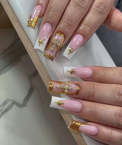 Cross On Hand, Cross Nails, Nails Gold, Glow Nails, Golden Pattern, Long Square Acrylic Nails, Nail Swag, Acrylic Nails Coffin Short, Pink Acrylic Nails