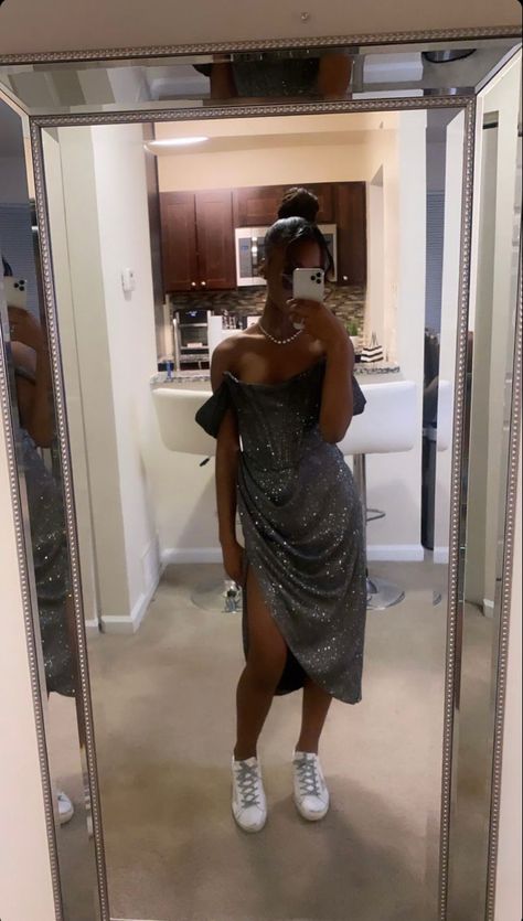 Short Prom Dresses With Sneakers, Silver Homecoming Dresses Black Women, Sweet 16 Sneaker Ball Dress, Black And Silver Sneaker Ball Dress, Sneakers With Prom Dress, Prom Dresses With Sneakers, Sneakerball Outfits Women, Sneakerball Party Outfits, Sneaker Ball Outfit Ideas