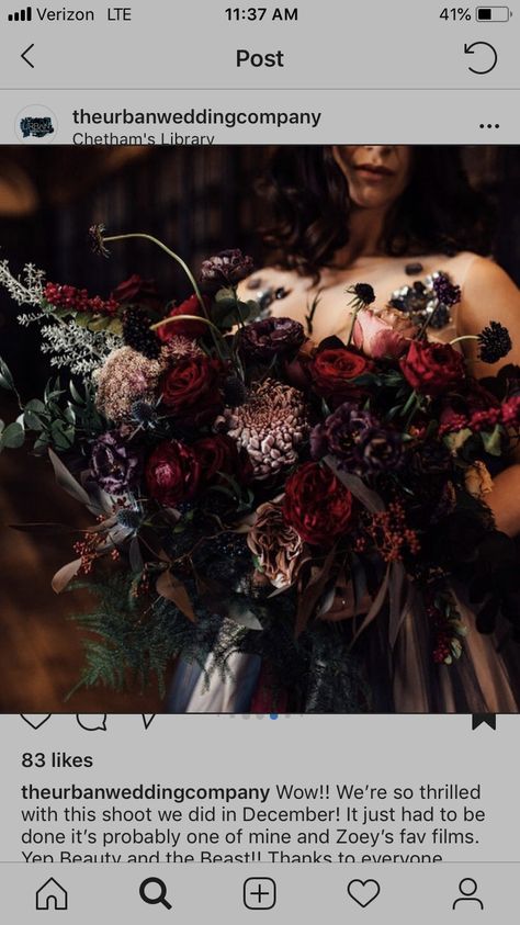 Dark And Moody Bridal Bouquet, Wedding Flowers Moody, Dark And Moody Wedding Boutonniere, Cave Photoshoot, Moody Burgundy Bouquet, Moody Floral Wedding Arch, Moody Cascade Bouquet, Theater Wedding, Burgundy Wedding Cake