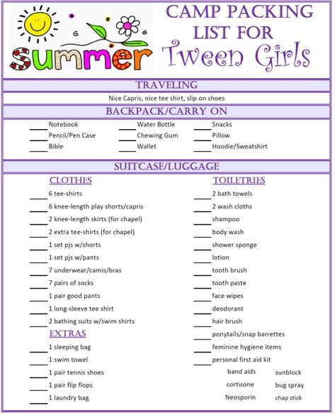 Overnight Summer Camp Packing List for Tween Girls, age 8-12 years old (and up). What and how to pack for overnight, sleep over camp and church camp. Includes FREE printable packing checklist and packing tips. Via Walking in High Cotton Overnight Camping Packing List, Girls Camp Packing List, What To Pack For Sleepaway Camp, Summer Church Camp Packing List, What To Pack For Summer Camp 1 Week, Church Camp Packing List, Overnight Packing List, What To Bring To Sleepaway Camp, Summer Camp Packing List For Teens