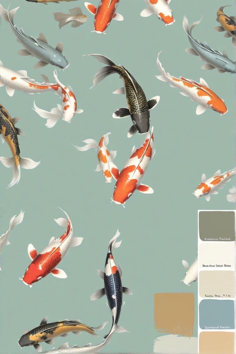 interior design space planning, decorating interiors, living room interior, home paint colors Koi Color Palette, Green Bathroom Wallpaper, Koi Mural, Koi Fish Wall Painting, Koi Fish Wallpaper House, Koi Pond Mural, Bathroom 2024, Bold Living Room, Bathroom Walls