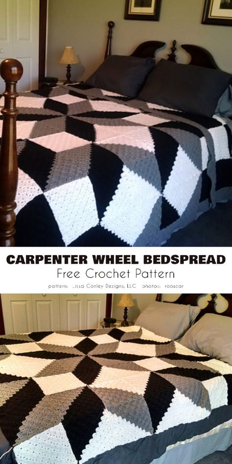 Carpenter Wheel Free Crochet Patterns Blanket Afghans, Amish Crochet Patterns Free, Free Crochet Quilt Afghan Patterns, Crochet Geometric Blanket Pattern, 3d Afghan Crochet Patterns Free, Geometric Afghan Crochet Patterns, Crochet Blanket For A Man, Free Crochet Bedspread Patterns, Crochet Quilt Pattern Afghan Blanket