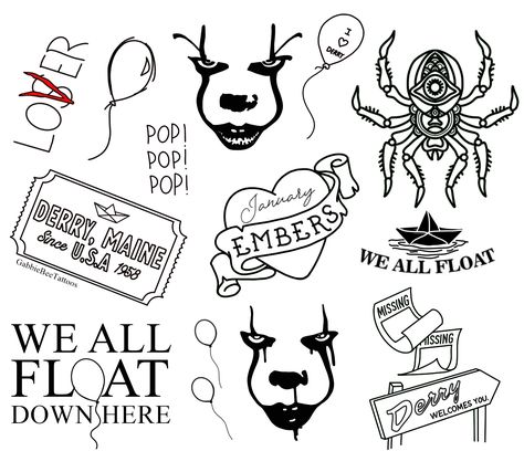 Small Horror Movie Tattoos Flash, Horror Movie Filler Tattoos, Pennywise Outline, Small Pennywise Tattoos, Horror Movie Flash Sheet, Pennywise Flash Tattoo, It Movie Tattoo, It Tattoo Ideas, Pennywise Tattoos