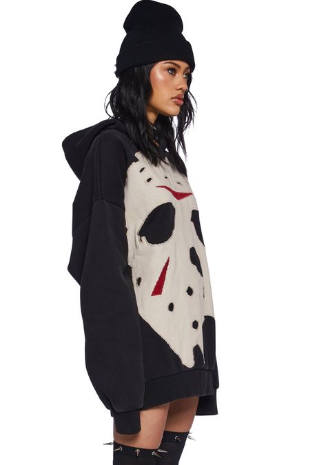 cuz you're forever undead. This pullover hoodie has a super soft fleece feel, distressed detailing, and a giant applique on the front of Jason's mask. Giant Hoodie, Comfy Oversized Hoodie, Monster High Hoodie, Alt Hoodie, Fashion Hoodies, Coraline Hoodie, Hoodie Model, Horror Outfits, Custom Hoodie