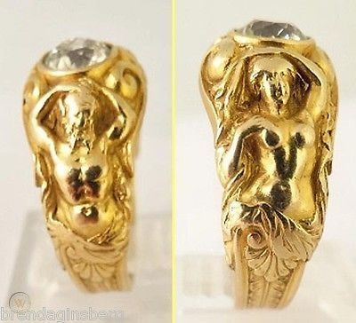 Antique Art Nouveau Ring 18k Gold Diamond Repousse Figural Man Woman (#5480) | #507347084 Art Nouveau Ring, Figural Jewelry, European Cut Diamonds, Antique Art, Figurative Art, Skull Tattoo, Antique Jewelry, Gold Diamond, Art Nouveau