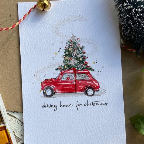 Mini Christmas Cards Diy, Christmas Painted Cards, Christmas Pictures Drawings, Christmas Car Drawing, Christmas Car Illustration, Christmas Cards Aesthetic, Christmas Art Drawing, Beautiful Christmas Pictures, X'mas Card