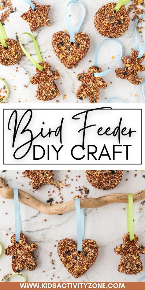 Learn how to make your own DIY Bird Feeder at home. It's the perfect easy craft to do with your kids. It's made out of easy to find ingredients and safe to make for birds. My kids loved this bird feeder activity and had so much fun picking out the shapes of their bird feeders! Bird Seed Crafts For Kids Easy Diy, Popsicle Stick Bird Feeders, Seed Bird Feeders, Diy Birdhouse For Kids, Bird Feeders Preschool, Bird Feeders For Preschoolers To Make, Preschool Birdhouse Craft, Birdseed Crafts For Kids, Easy To Make Bird Feeders