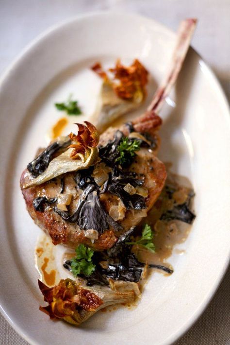 Veal chops with black trumpet mushrooms and artichokes Veal Chop Recipes, Black Trumpet Mushrooms, Ragout Recipe, Veal Chops, Trumpet Mushrooms, Veal Chop, Veal Recipes, Artichoke Recipes, Chops Recipe