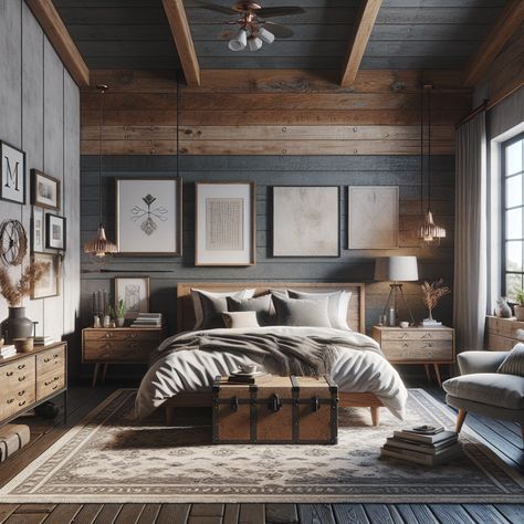 This room should have prominent features of both rustic and modern design aesthetics. The furniture may include a queen-size bed with a wooden headboard, a bedside table, a vintage trunk at the foot of the bed, and a modern-style rug. There could be a reading corner equipped with a comfortable armchair and a modern floor lamp. Various decorations like framed art, throw pillows, and plants may ornate the room. This image is meant to serve as an inspiration for a bedroom remodel. Montana Themed Bedroom, Rustic Mountain Bedroom, Cabin Chic Bedroom, Modern Mountain Bedroom, Bedroom Design Rustic, Cozy Bedroom Neutral, Rustic Bedroom Inspiration, Modern Cozy Bedroom, Mountain Bedroom