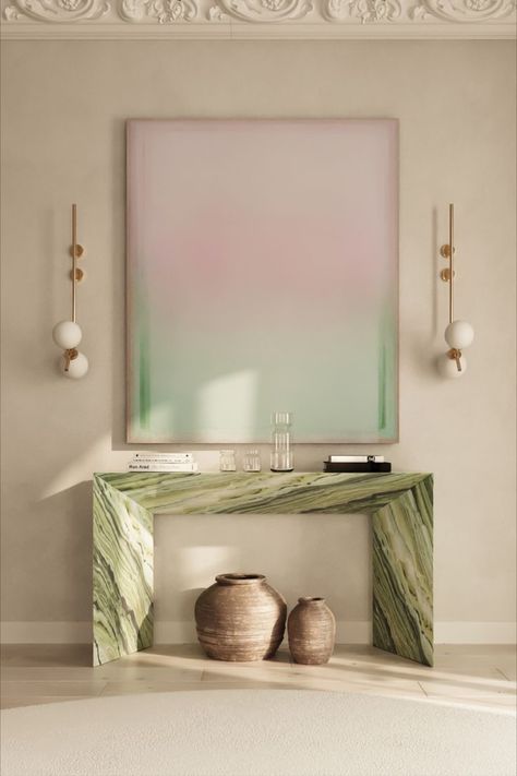 Hallway Console Table Decor, Console Table Decor, Hallway Console Table, Green Hallway, Console Table Design, Marble Console Table, Console Table Decorating, Hallway Console, Console Table Hallway