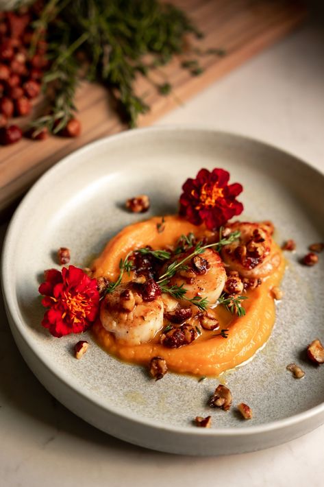 Seared Scallops with Butternut Squash and Hazelnuts — Freddie Cipoletti Scallops With Butternut Squash Puree, Butternut Squash Scallops, Butternut Squash And Scallops, Butternut Squash Puree Recipes Dinners, Citrus Scallops, Butternut Squash Noodle, Fresh Scallops, Butternut Squash Puree, Cut Butternut Squash