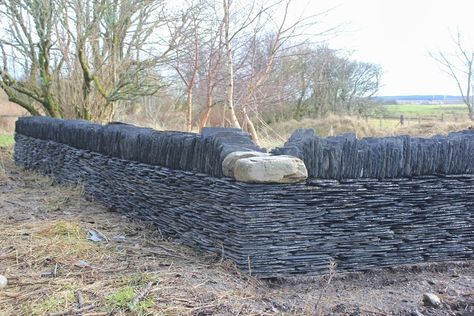 An idea for using up old roofing slates, at Caithness, Scotland. Old Roof Tiles Ideas Gardens, Old Slate Roof Tile Ideas, Slate Roof Tiles Repurpose, Old Roof Tiles Ideas, Slate Garden Ideas, Slate Ideas, Caithness Scotland, Stone Walls Garden, Slate Roof Tiles