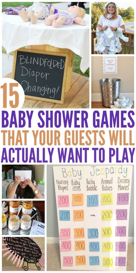 15 FUN Baby Shower Games People Will Actually WANT to Play Baby Shower Mixto, Baby Jeopardy, Fiesta Shower, Funny Baby Shower Games, Babyshower Party, Idee Babyshower, Boy Baby Shower Ideas, Girls Brunch, Party Hardy