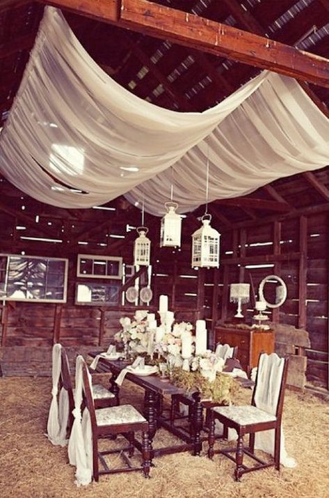 We could totes do this in my lil wooden garage shed for an engagement dinner shoot! - FC                                                                                                                                                                                 More Hay Wedding, Moss Table Runner, Fabric Ceiling, Rustic Chic Decor, Barn Parties, Tablescape Inspiration, Rustic Barn Wedding, Shabby Chic Wedding, Rustic Outdoor