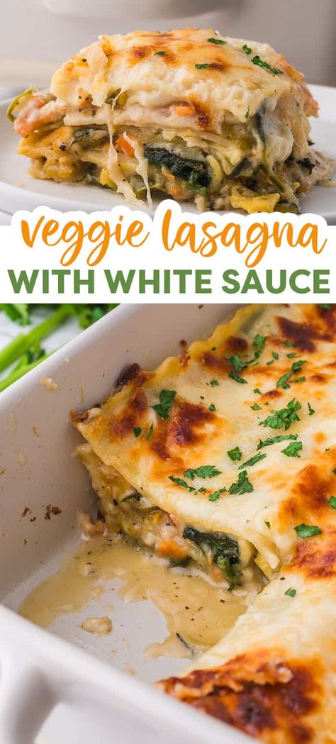 This Vegetable Lasagna with White Sauce is a cheesy, saucy way to get the family excited for veggies! Layers of lasagna noodles, plenty of tender vegetables, and a rich, creamy white sauce make this veggie lasagna a favorite! Vegetable Lasagne With White Sauce, Veggie Lasagna With White Sauce, Veg Lasagna Recipe, Vegetable Lasagna With White Sauce, Lasagna With White Sauce, White Lasagna Recipe, White Sauce Lasagna, Veggie Lasagna Recipe, Vegetarian Lasagna Recipe