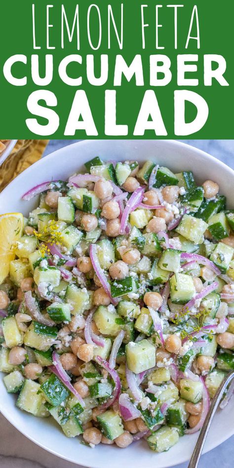 Last Minute Side Dishes Parties, Healthy Lunch Party Ideas, Cold Salads For Lunch Easy Recipes, Low Salt Side Dishes, Herby Cucumber Salad With Feta And Chickpeas, Cucumber Pea Salad, Keto Cucumber Salad Recipes, Salad Recipes Potluck, Healthy Side Dishes For Potluck