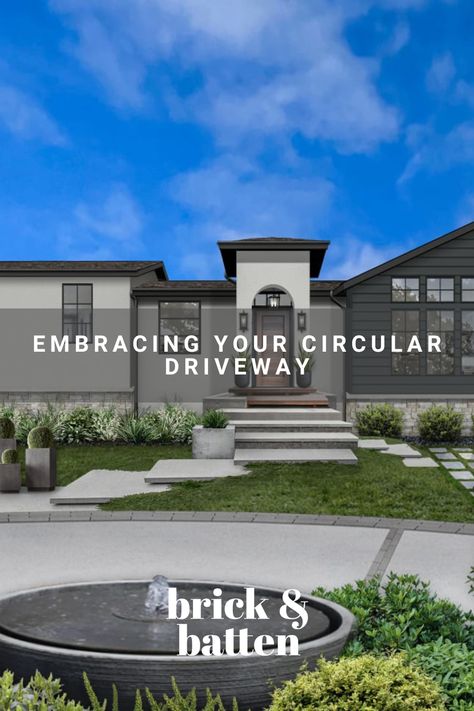 Circular driveways offer a ton of functional benefits, however, from a curb appeal standpoint, they can prove challenging. Read on for a handful of ways to embrace your circular driveway: https://bit.ly/3mFraRn Semi Circle Driveway Landscaping, Circular Driveway Design, Circle Driveway Ideas, Circular Driveway Ideas, Driveway Entrance Curb Appeal, Circular Driveway Landscaping, Modern Classic Exterior Design, Driveway Brick, Circular Entrance