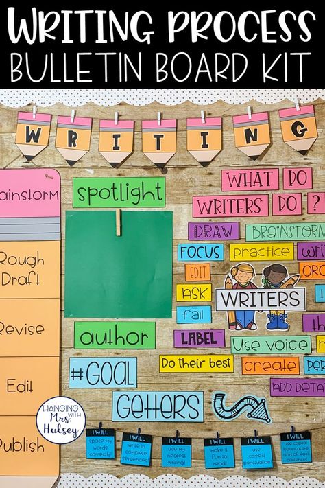 This writing process bulletin board set is a great way to keep students engaged in the writing process-- plus it will help you keep track of their personal writing goals! I use the large pencil clip chart to help students track their progress. I also use the editable goal cards to help us focus on specific skills or trouble spots in our writing! Informational Writing Bulletin Board, Daily 5 Choice Board, The Writing Process Bulletin Board, 2nd Grade Writing Bulletin Board, 3rd Grade Writing Bulletin Board Ideas, Reading And Writing Bulletin Board Ideas, This Is Us Bulletin Board, I Can Statements Display Bulletin Boards, Reading Strategies Bulletin Board