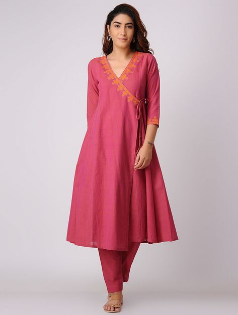 Buy Pink Mangalgiri Cotton Angrakha Kurta with Pants (Set of 2) Online at Jaypore.com Chudi Designs, Favourite List, Dress Design Ideas, Anarkali Designs, Neck Patterns, Neck Lines, Frocks Design, Kurta Patterns, Short Kurta