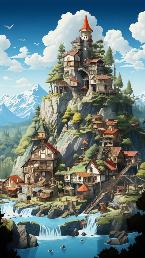 Fantasy village Viking Village Concept Art, Fantasy Setting Village, Dnd Setting, Tiny Glade, City Minecraft, Fantasy Settings, Desert City, Forest Village, Viking Village