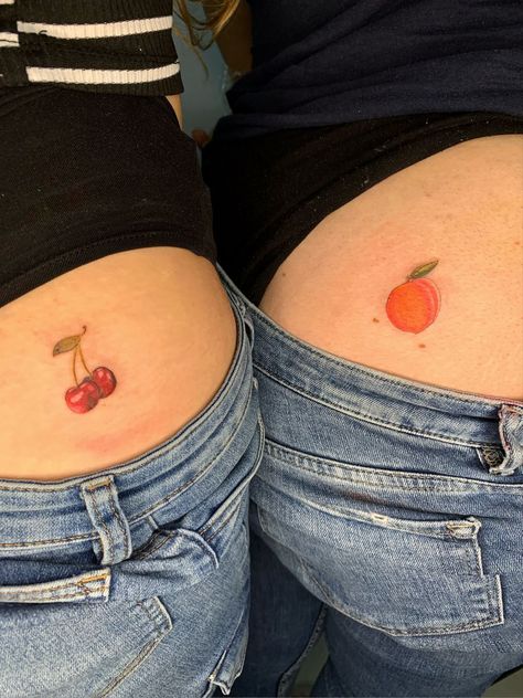 Peach Tattoo Photos Cute Different Tattoos, Matching Peach Tattoo, Strawberry And Cherry Tattoo, Matching Cherry Tattoos, Cherry Tattoo On Bum For Women, Mini Cherry Tattoo, Best Friends Tattoo, Peach Tattoo, Cherry Tattoo