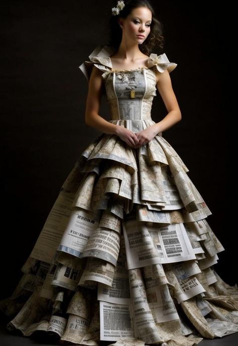 Paper Outfits Fashion, Book Page Dress, Recycled Outfit Ideas For School, Newspaper Fashion Design, Recycled Costumes Fashion Show, Dress Made Of Recycled Materials, Newspaper Dress Fashion, Recycled Dress Ideas Creative, Newspaper Dress Diy