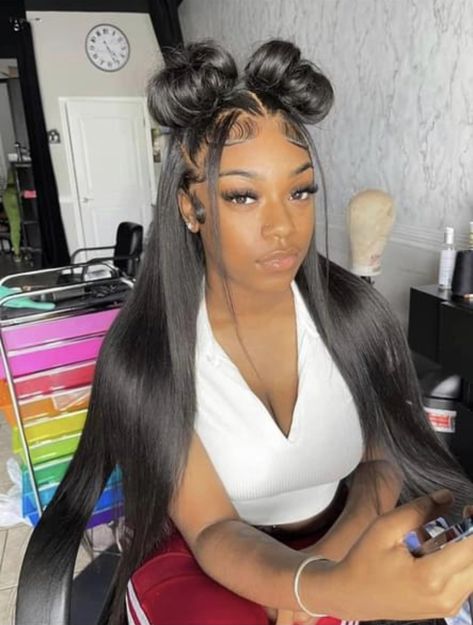 Hairstyles For Homecoming Straight Hair, Hairstyles For 20th Birthday, Different Wig Hairstyles For Black Women, Two Buns Frontal Wig, Hairstyles For Frontals, Cute New Hairstyles For Black Women, 19th Birthday Hairstyles Ideas, Different Hairstyles For Lace Front Wigs, Cute Wigs Styles For Black Women