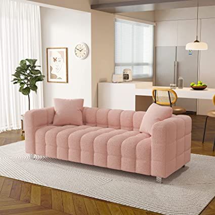 Dolonm Modern Sofa Couch with Metal Legs Upholstered Tufted 3 Seater Couch with 2 Pillows Decor Furniture for Living Room, Bedroom, Office, 80 Inch Wide(Pink-Teddy) Modern Sofa Couch, Velvet Couch, Premium Sofa, Mid Century Sofa, Comfortable Sofa, Loveseat Sofa, Upholstered Sofa, Living Room Seating, Modern Sofa