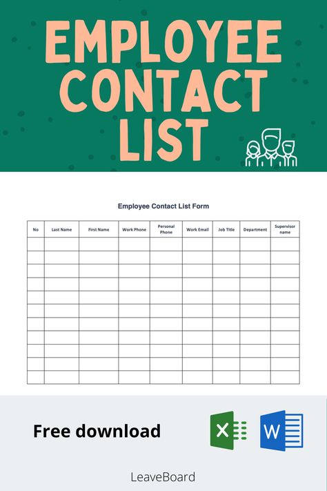 Free Download for the Employee Directory and Contact List Form Template, Sample & Example in Microsoft Word (DOC), and Microsoft Excel (XLS). Available in A4 & US Letter Sizes. Quickly Customize. Easily Editable & Printable. Human Resources Templates Free Printable, Contact List Template, Staff Directory, Business Notebooks, Employee Handbook, Number Templates, Mother Day Wishes, Fractions Worksheets, Contact List