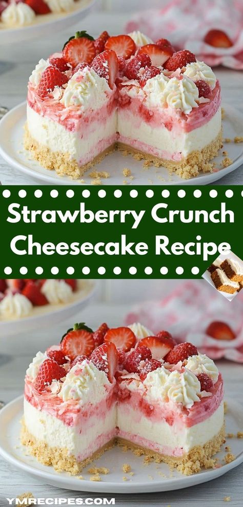 Craving a delightful dessert? This Strawberry Crunch Cheesecake Recipe is a sweet treat that bursts with flavor. Its creamy texture paired with a crunchy topping makes it perfect for family gatherings or special occasions. Strawberry Cheesecake Crunch, Cheesecake Crunch, Flavored Cheesecake, Strawberry Crunch Cheesecake, Cheesecake With Whipped Cream, Crunch Cheesecake, Joy Of Baking, Rich Cheesecake, Strawberry Crunch