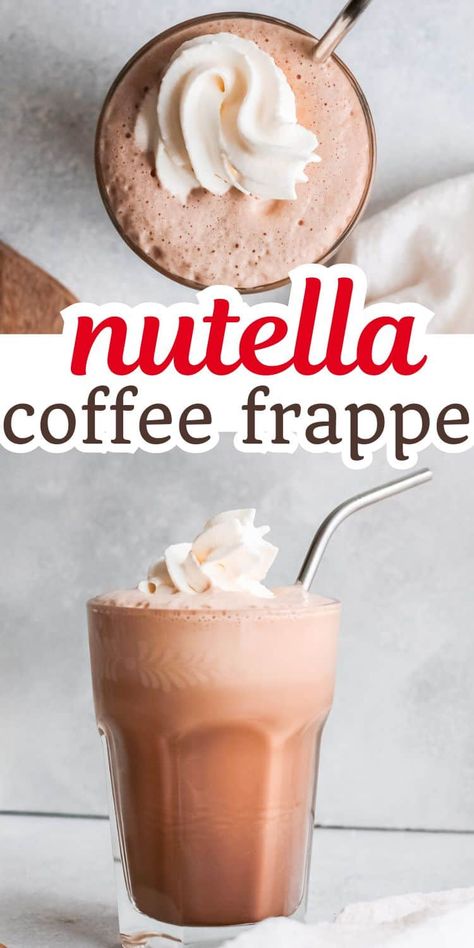 If you love Nutella in coffee, try this easy Nutella frappe recipe. A refreshing cold coffee drink with a delicious chocolatey flavor, it's way better than a Starbucks nutella frappuccino | Homemade Nutella coffee frappe | Mocha coffee drinks Nutella Frappuccino Recipe, Nutella Coffee Drink, Simple Frappe Recipe, Nutella Drink Recipes, Coffee Frappe Recipe Homemade, Nutella Frappe Recipe, Nutella Coffee Recipes, Nutella Cappuccino, Drinks Without Coffee