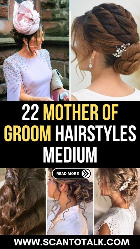 Discover the perfect medium hairstyles for the mother of the groom that blend elegance and simplicity. From soft curls to graceful updos, find the style that will make you shine on the big day. Ideal for ensuring the groom's mother looks her best during this special occasion. Explore timeless and modern looks that suit any wedding theme. Updo Hairstyles For Mother Of The Groom, Mother Of Groom Hairstyles Over 50 Half Up, Hair Do For Mother Of The Groom, Mother Wedding Hairstyles, Mother Of Groom Wedding Hair, Hair Ideas For Mother Of The Groom, Sister Of The Groom Hairstyles, Wedding Hair Mother Of The Groom, Mom Of Groom Hairstyles