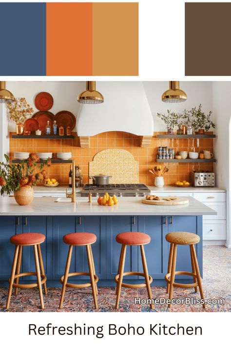 Boho Kitchen: Refreshing Blue and Orange Color Palette Kitchen Orange Accents, Eclectic Blue Kitchen, Condo Decorating Kitchen, Pastel Orange Kitchen, Blue Kitchen Palette, Open Concept Kitchen Living Room Paint, Orange Blue Kitchen, Kitchen Palette Ideas, Kitchen With Orange Accents