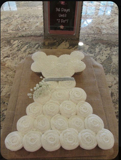 Bridal Dress Cupcake Cake, Bridal Shower Pull Apart Cupcakes, Easy Bridal Shower Cupcakes, Wedding Dress Cupcake Cake Pull Apart, Wedding Dress Pull Apart Cupcakes, Pull Apart Wedding Dress Cupcake, Bridal Cupcakes Ideas Wedding Showers, Work Bridal Shower Ideas Decoration, Bridal Shower Cupcake Cake