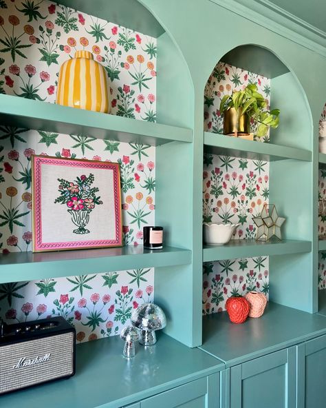 Arched Billy Bookcase, Room With Painted Ceiling, Ceiling Alcove, Pink And Red Bedroom, Bookcase Ikea Hack, Billy Bookcase Ikea, Panelled Hallway, Pink And Green Kitchen, Bookcase Ikea