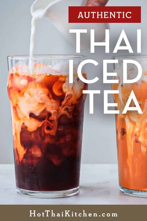 Thai iced tea made just like in Thailand. With hacks for making Thai tea using regular black tea leaves and also vegan modifications. Tai Tea, Thia Food, Thai Iced Tea Recipe, Thai Tea Boba, Thai Mat, Thai Tea Recipes, Flavored Iced Tea Recipes, Black Tea Recipe, Thai Iced Coffee