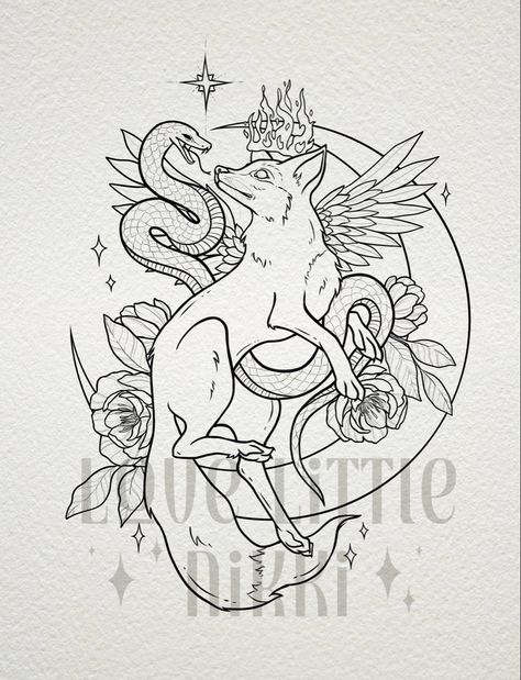 Tattoo of a snake and fox fighting with a moon and stars and flaming crown Kingdom Of The Wicked, Wicked Tattoos, Snake Tattoo Design, Sketch Tattoo Design, Fox Tattoo, Tattoo Outline, Snake Tattoo, Tattoos Gallery, Cute Doodle Art