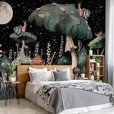 WXHFM - Black Dream Mushroom Wallpaper Nursery Children Starry Sky Wall Mural for Bedroom Living Room Adhesive Fabric Decor - 137"x96"（Not Peel and Stick）whimsical decor Floral Wallpaper Room, Bedroom Floral Wallpaper, Tree Mural Bedroom, Mushroom Mural, Wallpaper Room Decor, Bedroom Floral, Magic Decor, Mural Bedroom, Adhesive Fabric