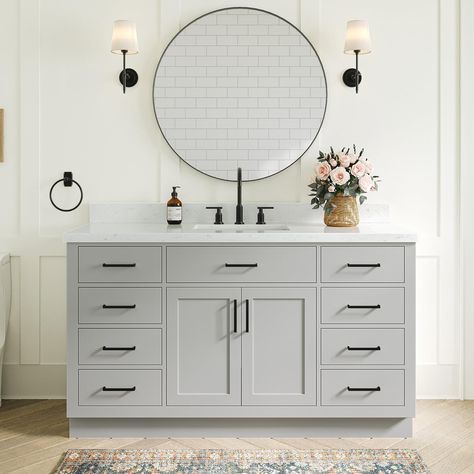 PRICES MAY VARY. Material- 60" single bathroom vanity is made of solid hardwood construction with plywood panels. It is the most durable and sturdy wood material on the market today for bathroom vanities. Another advantage of plywood is that it will resist expansion and contraction with moisture accumulation and temperature changes. No cracking, warping or paint peeling. There is No MDF or cheap particle board on the entire vanity. Grey painted finish. Countertop- Indulge in the timeless allure Gray Bathroom Vanity Black Hardware, Gray Bathroom Cabinets Painted, Light Grey Bathroom Cabinets, Bathroom With Grey Vanity, Bathroom With Gray Vanity, Gray Vanity Bathroom, Light Gray Bathroom Vanity, Grey Vanity Bathroom, Single Sink Bathroom Vanity Ideas