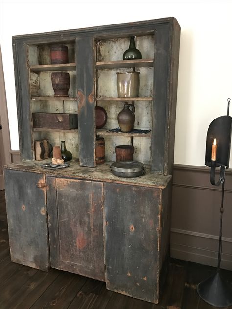 Rustic Cupboard Primitive Stepback Cupboards, Antique Kitchen Cupboard, Cupboard Makeover, Country Cupboard, Primitive Cabinets, Primitive Cupboards, Antique Cupboard, Old Cabinets, Primitive Homes