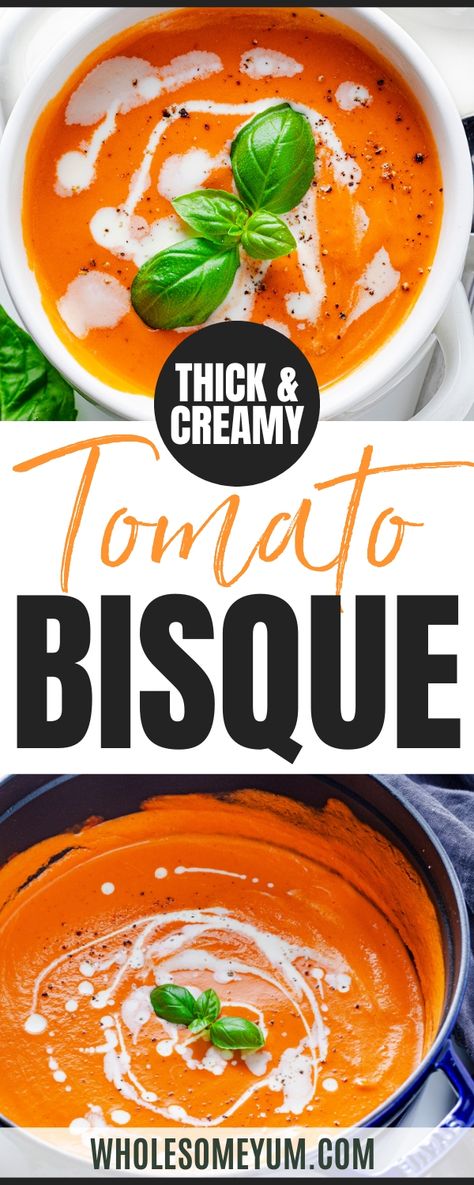 My easy tomato bisque recipe is the perfect cozy soup! It's creamy, thick, silky smooth, quick to make, and uses simple ingredients. Tomato Bisque Soup Easy, Easy Tomato Bisque, Tomato Bisque Recipe, Soup Party, Creamy Tomato Soup Recipe, Easy Tomato Soup Recipe, Tomato Bisque Soup, Cauliflower Cheese Soups, Bisque Soup Recipes