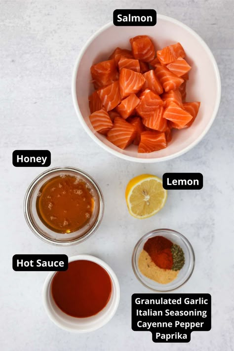 Hot Honey Salmon Bites (Air Fried) - Cooked by Julie Salmon Bites Bowl Airfryer, Air Fryer Salmon Bites Honey, Salmon Bites Air Fryer Recipes Healthy, Buffalo Salmon Bites, Air Fryer Hot Honey Salmon Bites, Crispy Hot Honey Salmon Bites, Honey Garlic Salmon Bites Air Fryer, Salmon Cubes Air Fryer, Mikes Hot Honey Salmon